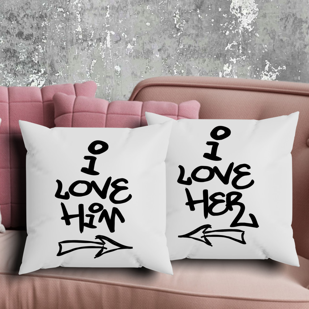 Парні подушки з принтом - I love him|I love her!