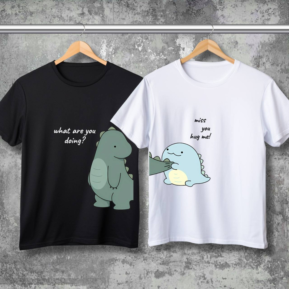 Парні футболки з принтом - What are you doing?\miss you hug me!
