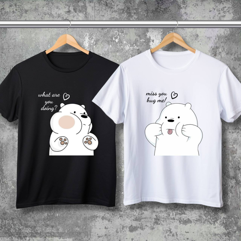 Парні футболки з принтом - What are you doing?\miss you hug me!