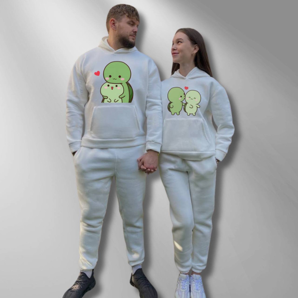 Парні спортивні костюми теплі з капюшоном Худі та Джогери XS/S, XL/XXL, принт "Черепашки" білий Парні спортивні костюми теплі з капюшоном Худі та Джогери XS/S, XL/XXL, принт "Черепашки" білий