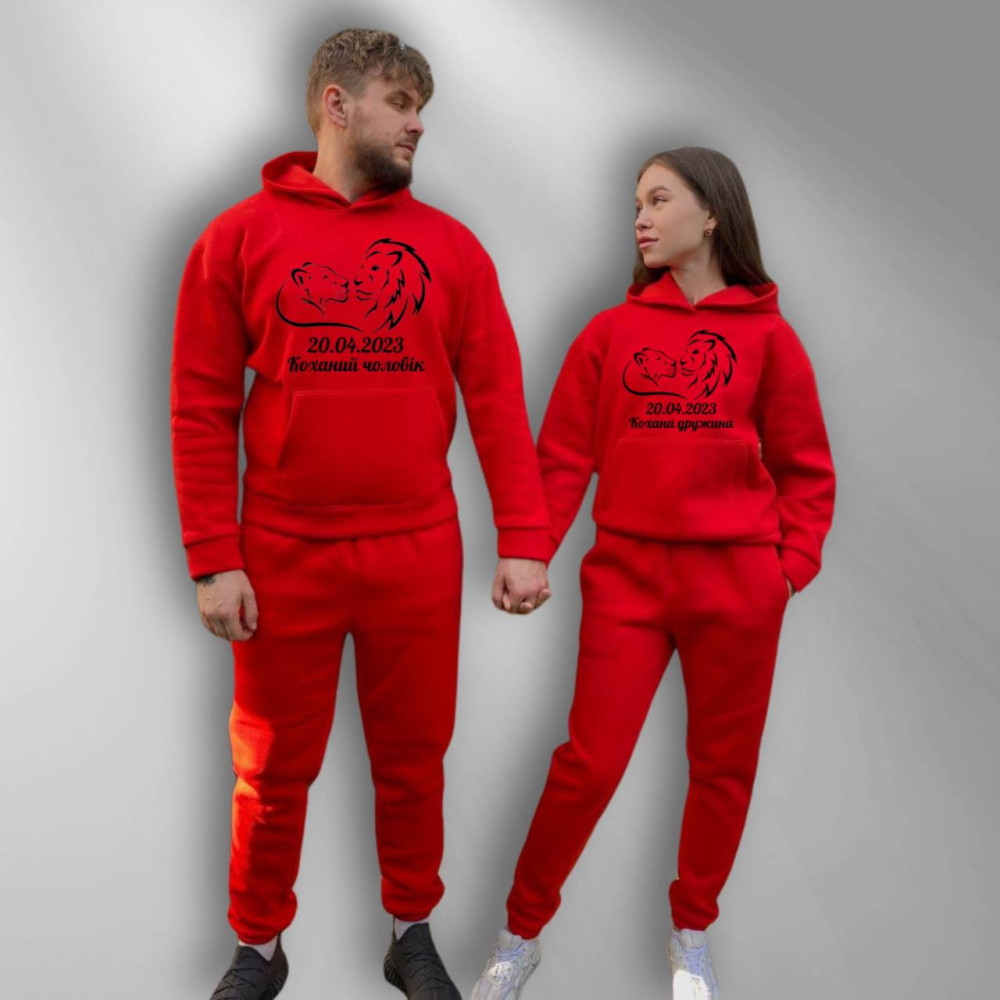 Парні спортивні костюми теплі з капюшоном Худі та Джогери XS/S, XL/XXL, принт "Коханий чоловік/дружина", червоний (75) Парні спортивні костюми теплі з капюшоном Худі та Джогери XS/S, XL/XXL, принт "Коханий чоловік/дружина", червоний (75)