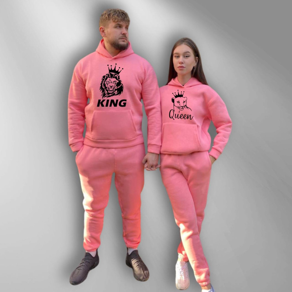 Парні спортивні костюми теплі з капюшоном Худі та Джогери XS/S, XL/XXL, принт "King/Queen" , рожевий (273) Парні спортивні костюми теплі з капюшоном Худі та Джогери XS/S, XL/XXL, принт "King/Queen" , рожевий (273)