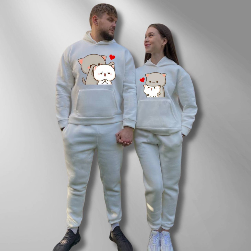 Парні спортивні костюми теплі з капюшоном Худі та Джогери XS/S, XL/XXL, принт "Котики" білий (118) Парні спортивні костюми теплі з капюшоном Худі та Джогери XS/S, XL/XXL, принт "Котики" білий (118)