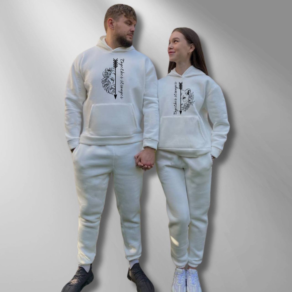 Парні спортивні костюми теплі з капюшоном Худі та Джогери XS/S, M/L, принт "Лев/Левиця" білий (445) Парні спортивні костюми теплі з капюшоном Худі та Джогери XS/S, M/L, принт "Лев/Левиця" білий (445)