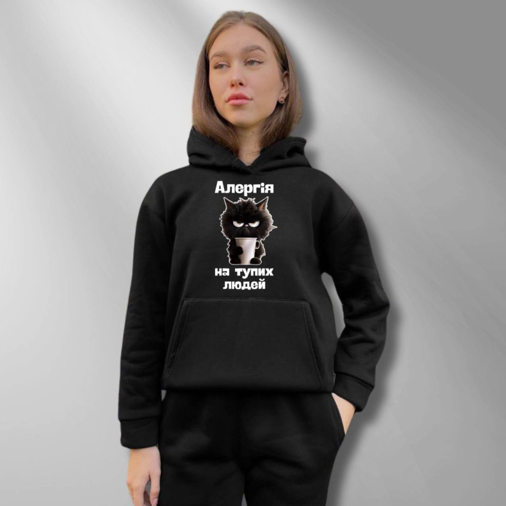 Жіночий теплий худі на флісі з принтом "Алергія на тупих людей" Oversize ХS/S, чорний (626)