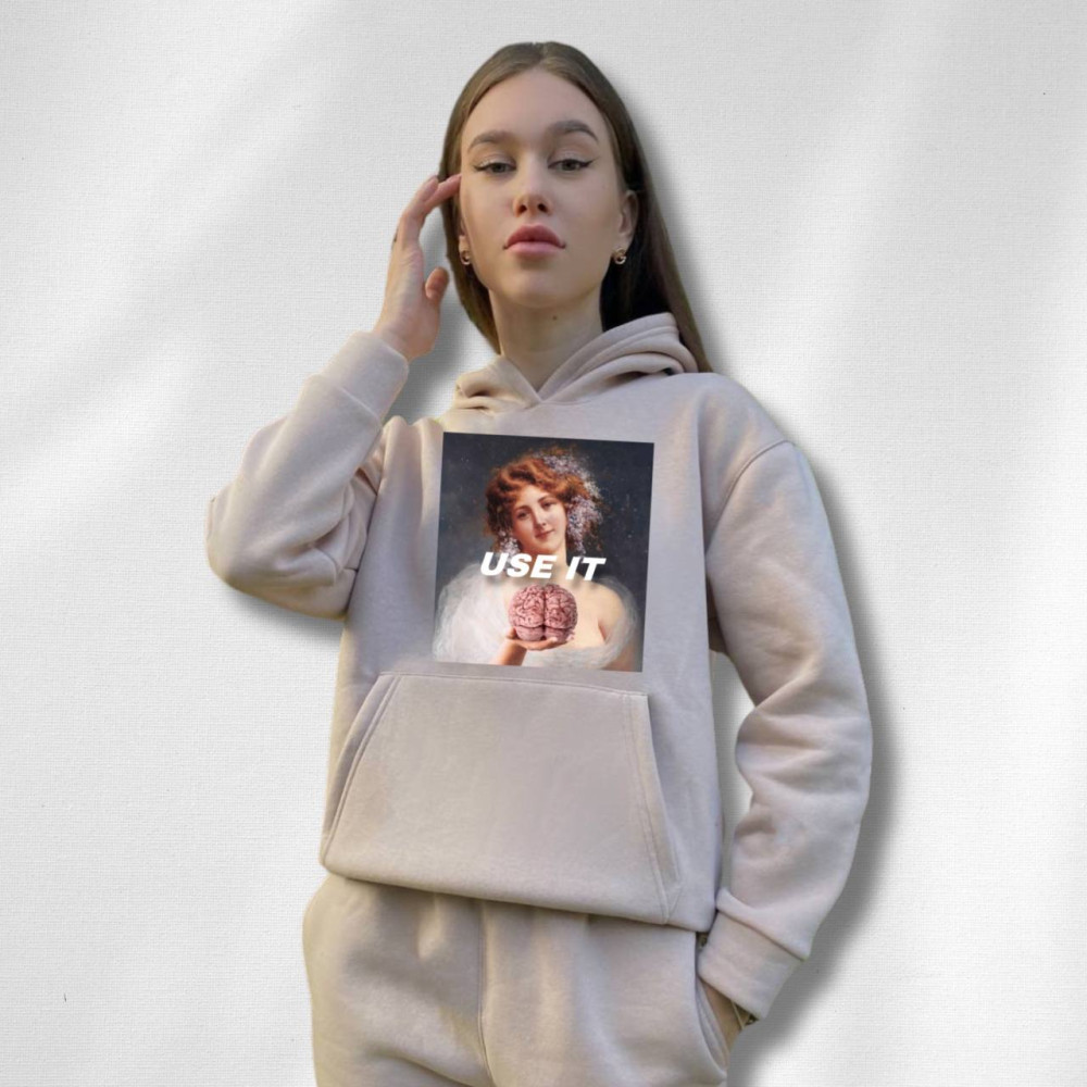 Жіночий теплий худі на флісі з принтом "Use it" Oversize, M/L, Таш (632)