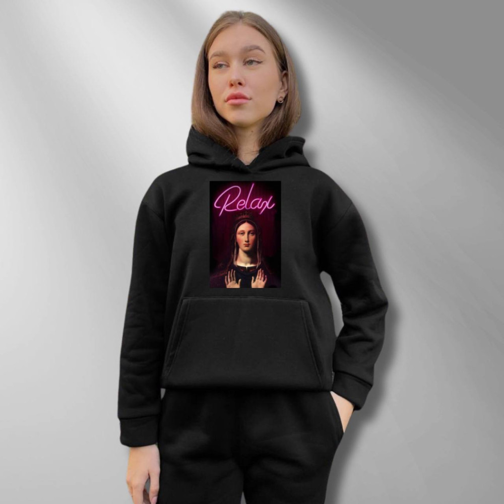 Жіночий теплий худі на флісі з принтом "Relax" Oversize XL\2XL, Чорний (638)