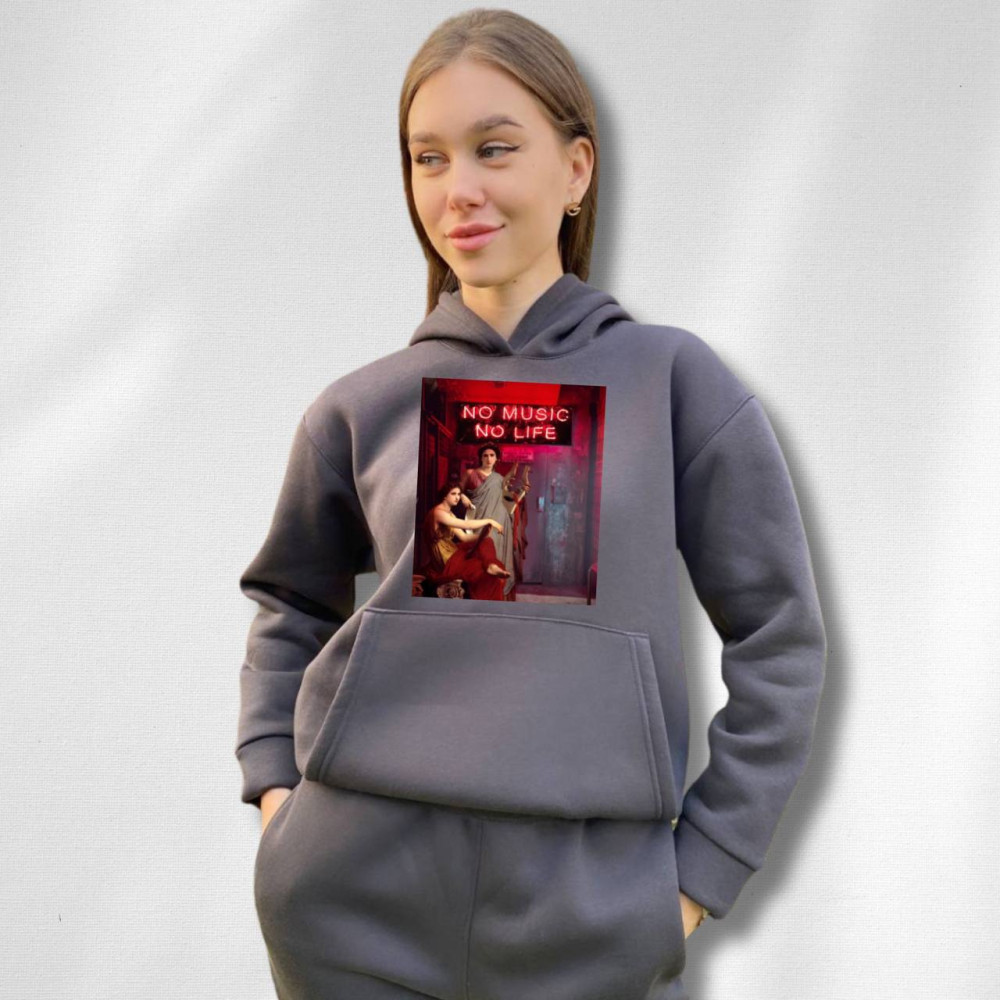 Жіночий теплий худі на флісі з принтом "No music no life" Oversize, M/L, Графіт (641)