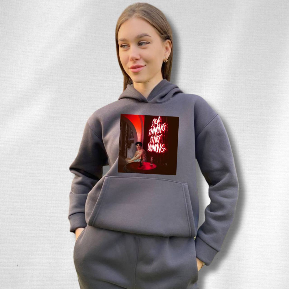 Жіночий теплий худі на флісі з принтом "Stop thinking start drinking" Oversize, XS\S, Графіт (644)
