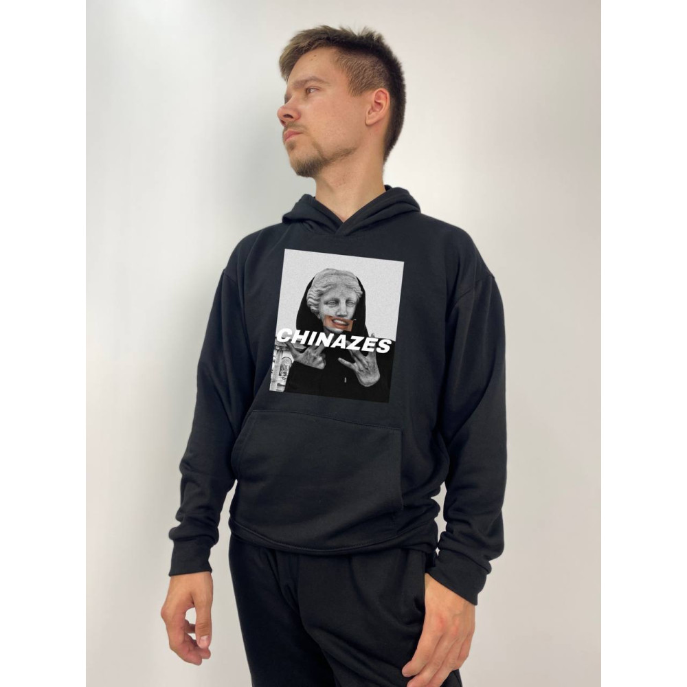 Чоловічий худі без флісу з принтом "CHINAZES" Oversize M\L, Чорний (646)