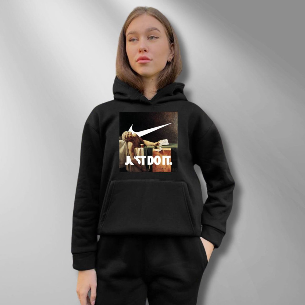 Жіночий теплий худі на флісі з принтом "Just do it" Oversize XL\2XL, Чорний (651)