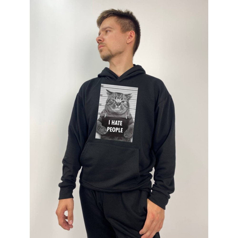 Чоловічий худі без флісу з принтом "I hate people" Oversize M\L, Чорний (654)