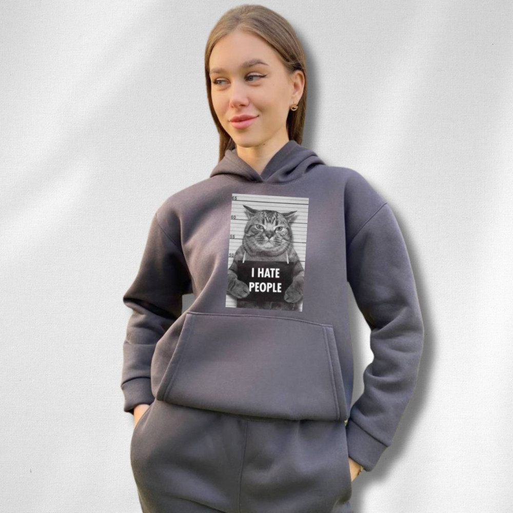 Жіночий теплий худі на флісі з принтом "I hate people" Oversize, XL\XXL, Графіт (655)