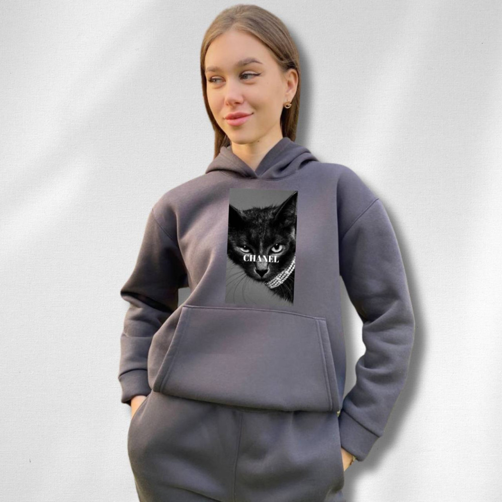 Жіночий теплий худі на флісі з принтом "CHANEL" Oversize, XL\XXL, Графіт (656)