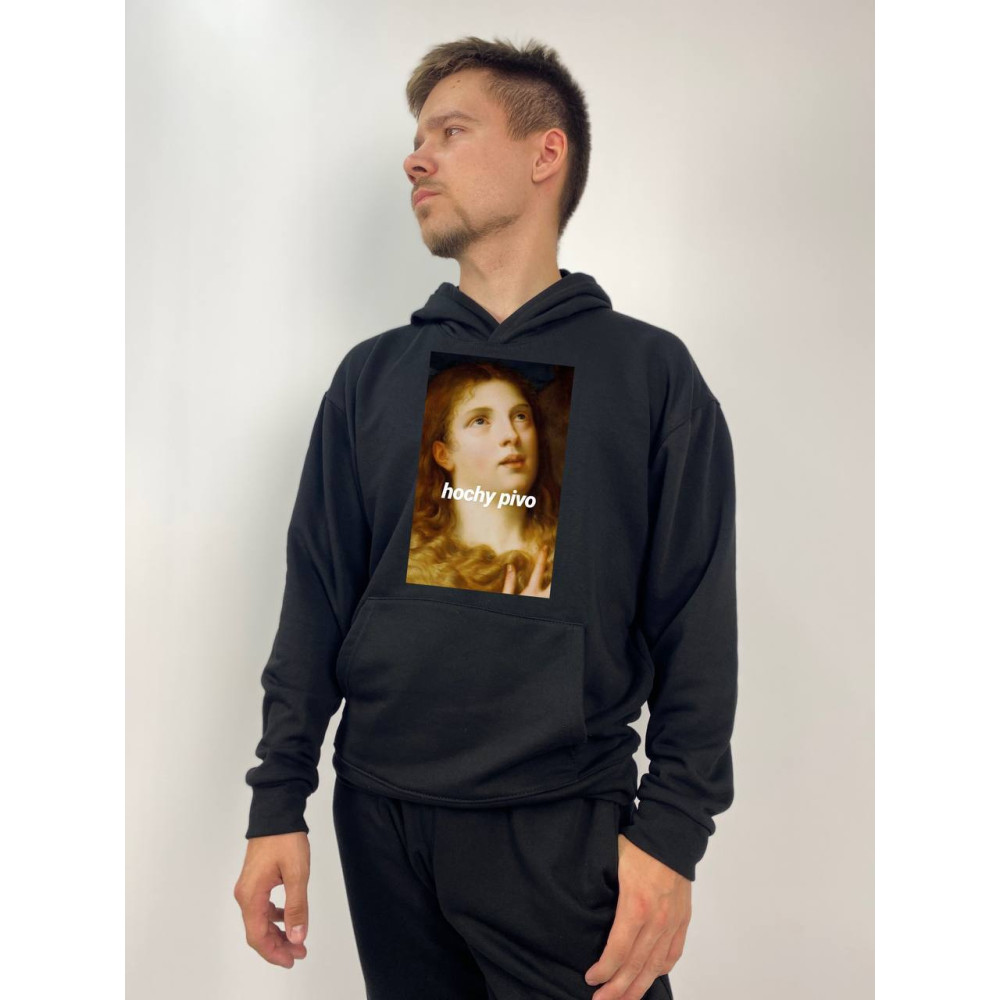 Чоловічий худі без флісу з принтом "hochy pivo" Oversize XL\2XL, Чорний (661)