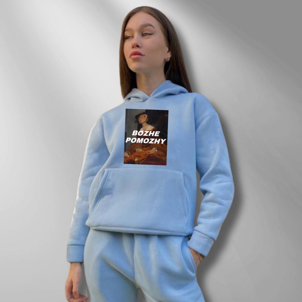 Жіночий теплий худі на флісі з принтом "Bozhe pomozhy" Oversize, XL\XXL, блакитний (662)