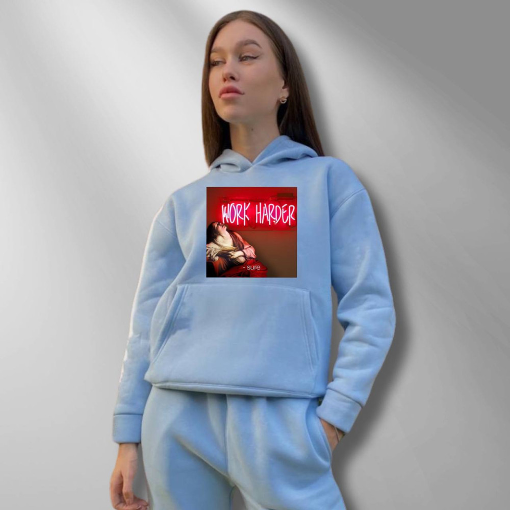 Жіночий теплий худі на флісі з принтом "Work Harder" Oversize, XL\XXL, блакитний (665)