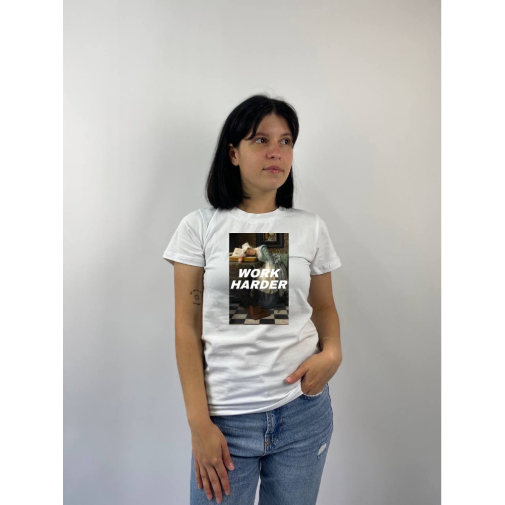 Жіноча футболка з принтом "Work Harder", XL, Білий (668)