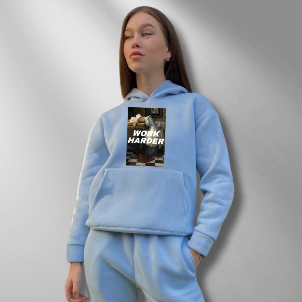 Жіночий теплий худі на флісі з принтом "Work Harder" Oversize, XS\S, блакитний (670)