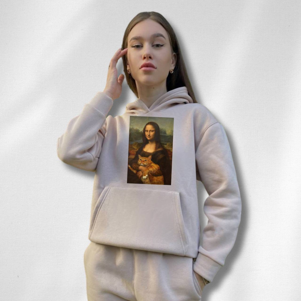 Жіночий теплий худі на флісі з принтом "Mona Lisa" Oversize, XL\XXL, Таш (671)