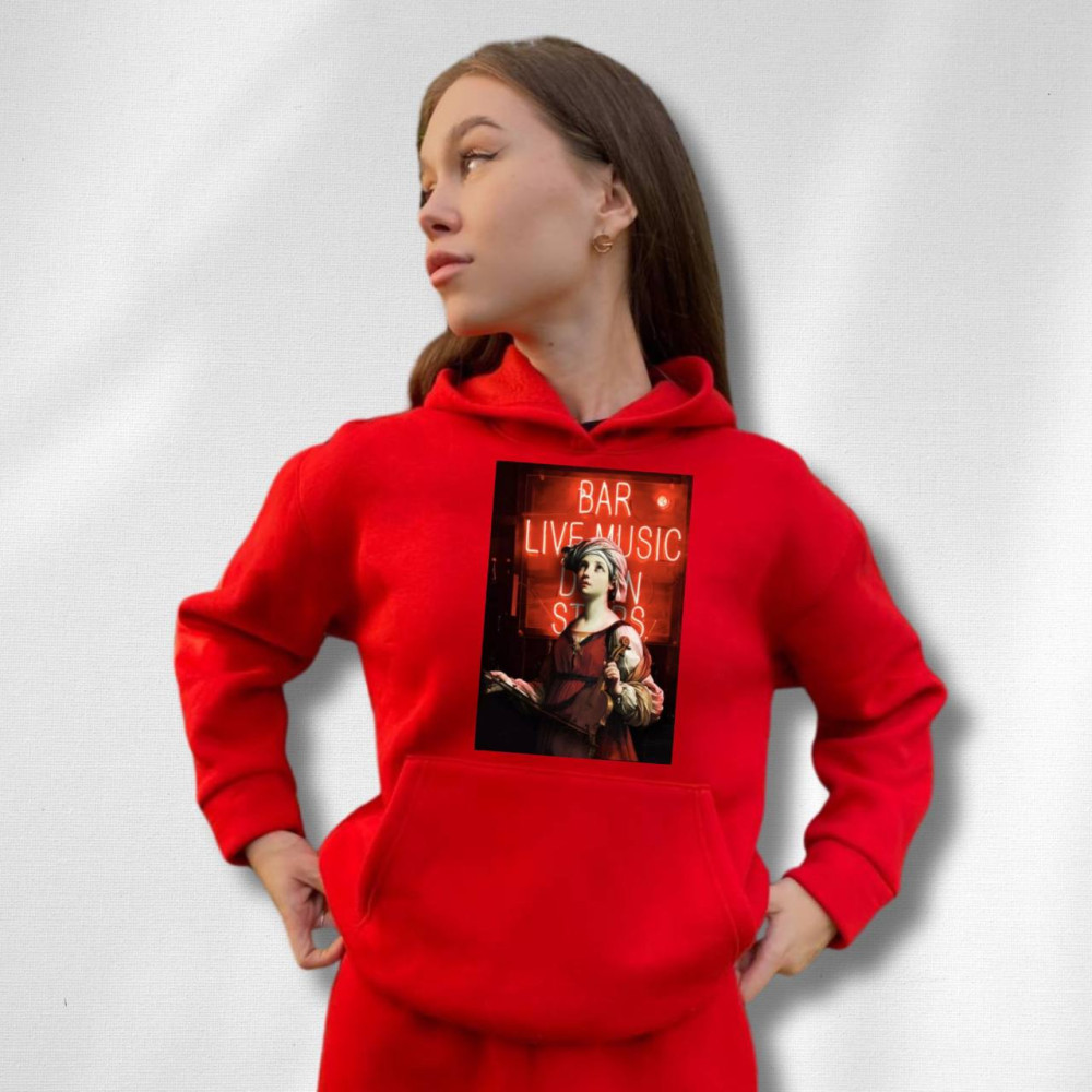 Жіночий теплий худі на флісі з  принтом "Music Bar" Oversize M\L, червоний (683)