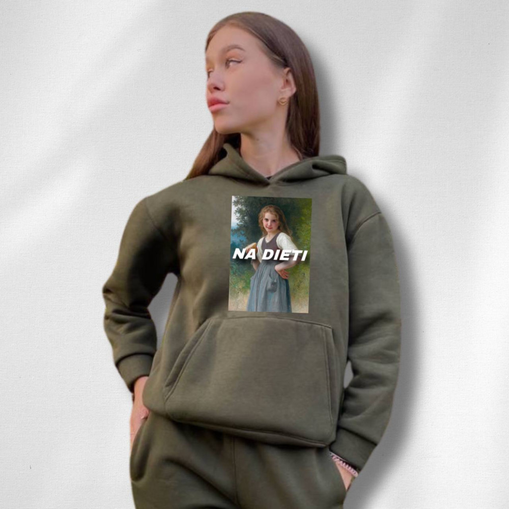 Жіночий теплий худі на флісі з принтом "Na dieti" Oversize XL\2XL, Хакі (688)