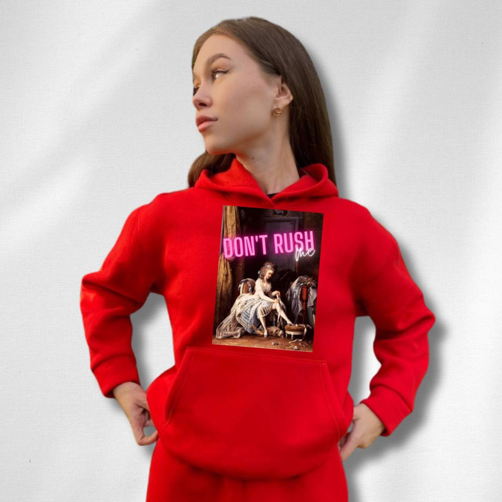 Жіночий теплий худі на флісі з  принтом "Don`t rush" Oversize XL\XXL, червоний (692)