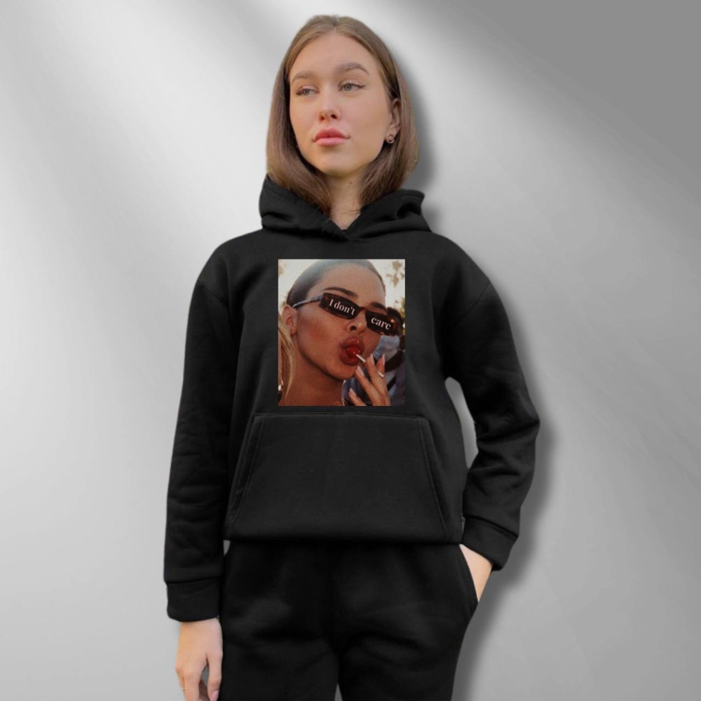Жіночий теплий худі на флісі з принтом "I don`t care" Oversize M\L, чорний (715)