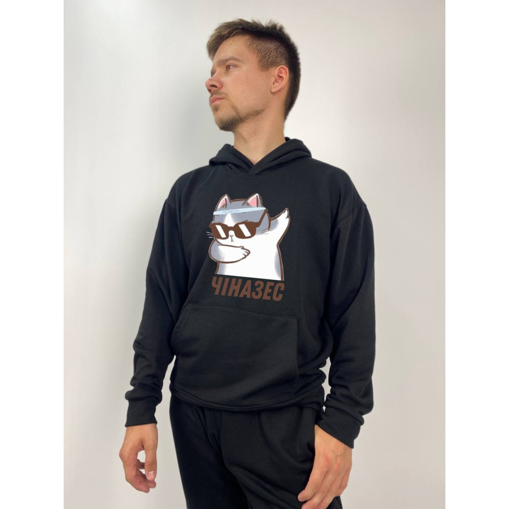 Чоловічий худі без флісу з принтом "Чіназес" Oversize M\L, Чорний (723)