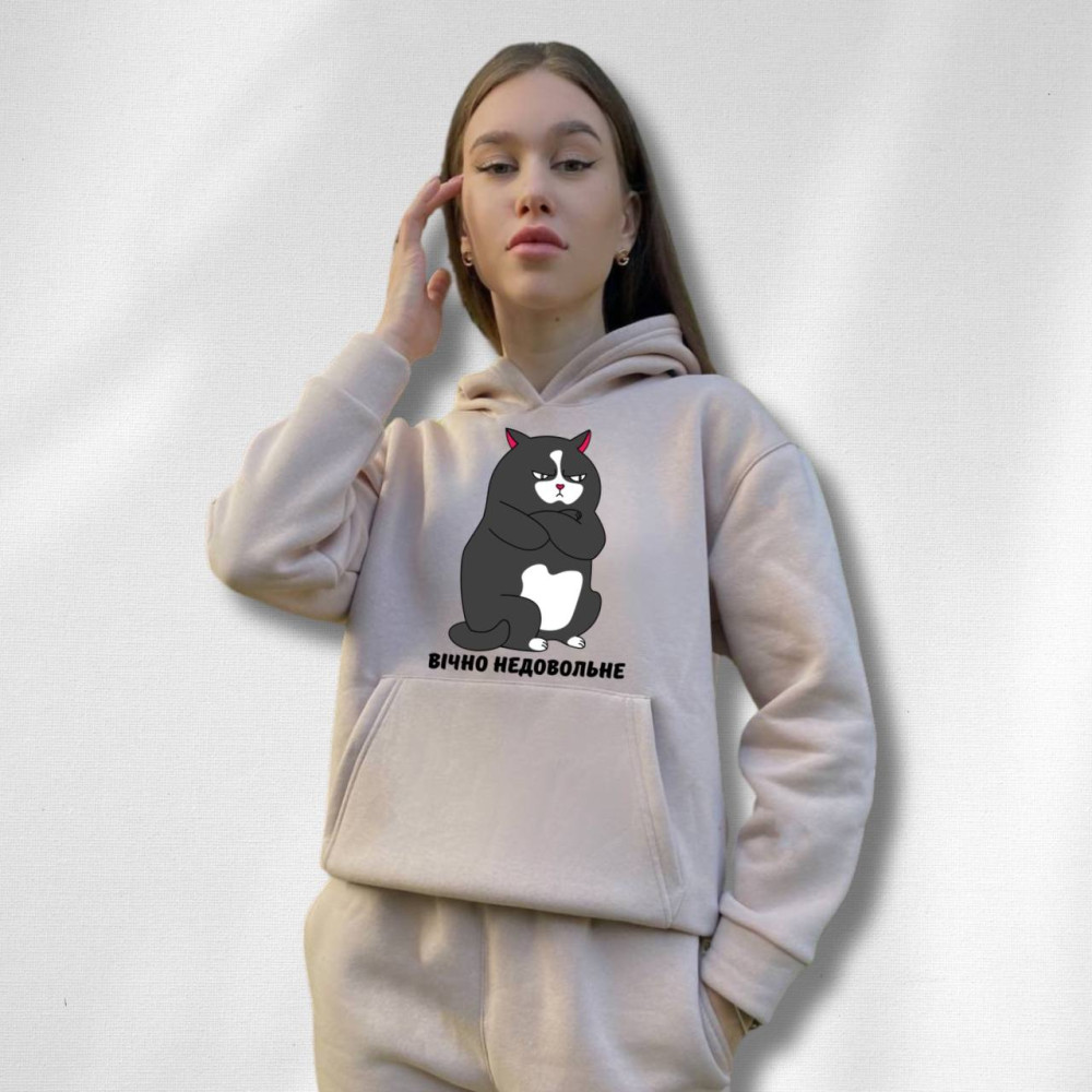 Жіночий теплий худі на флісі з принтом "Вічно не довольне" Oversize, M/L, Таш (726)
