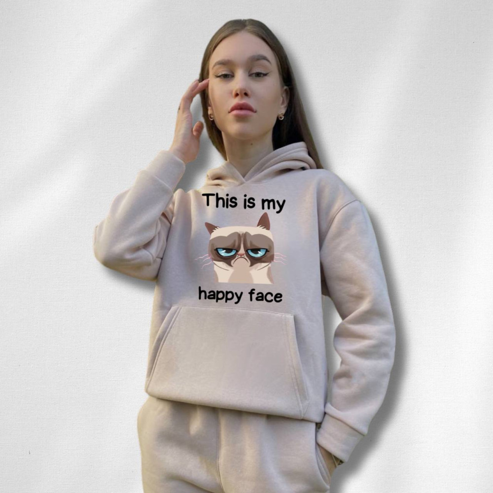 Жіночий теплий худі на флісі з принтом "This is my happy face" Oversize, XS\S, Таш (735)