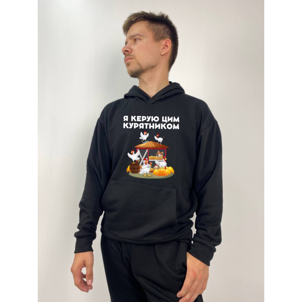 Чоловічий худі без флісу з принтом "Я керую цим курятником" Oversize M\L, Чорний (759)