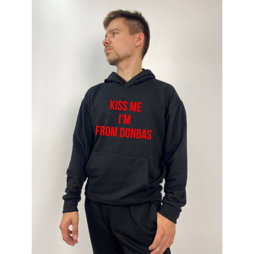 Чоловічий худі без флісу з принтом "Kiss me I`m from Donbas" Oversize ХL\ХХL, Чорний (1531)