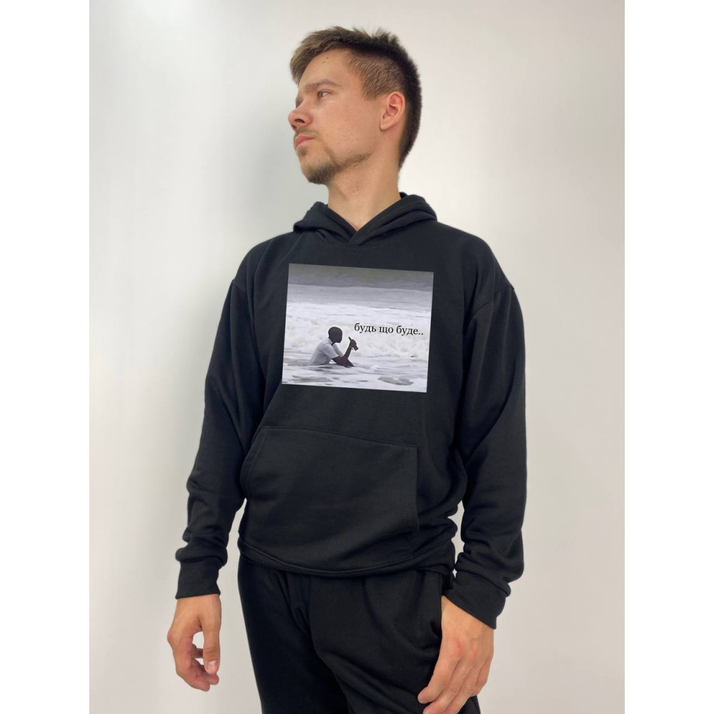Чоловічий худі без флісу з принтом "Будь що буде" Oversize ХL\ХХL, Чорний (1385)