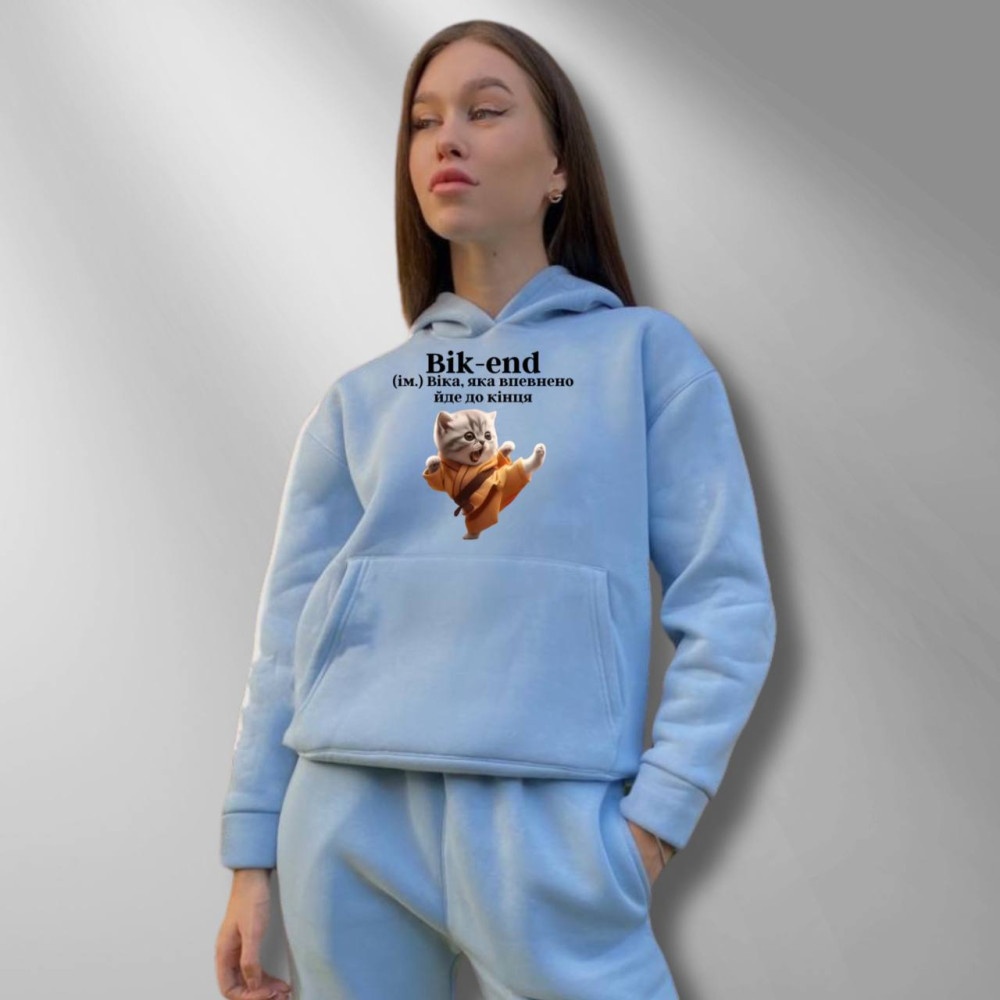 Жіночий теплий худі на флісі з принтом "Вік-end" Oversize, XS\S, блакитний (1390)