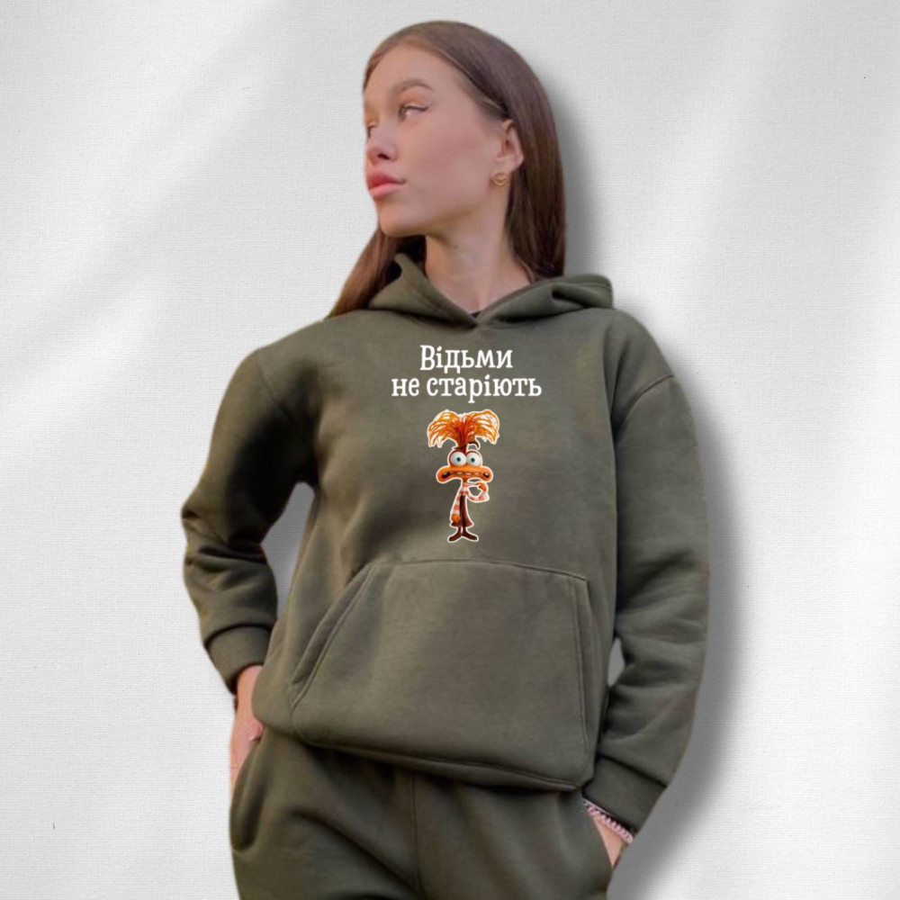 Жіночий теплий худі на флісі з принтом "Відьми не старіють" Oversize XS\S, Хакі (1401)