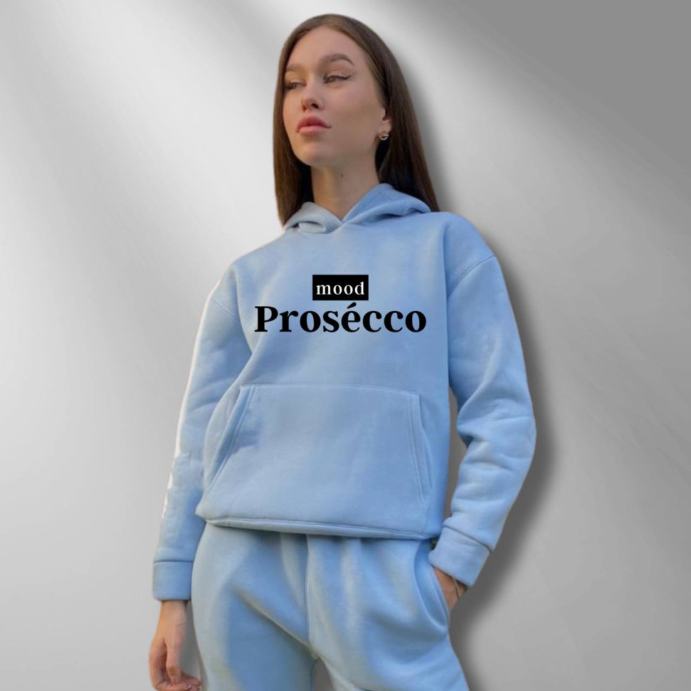 Жіночий теплий худі на флісі з принтом "Mood Prosecco" Oversize, XL\XXL, блакитний (1409)