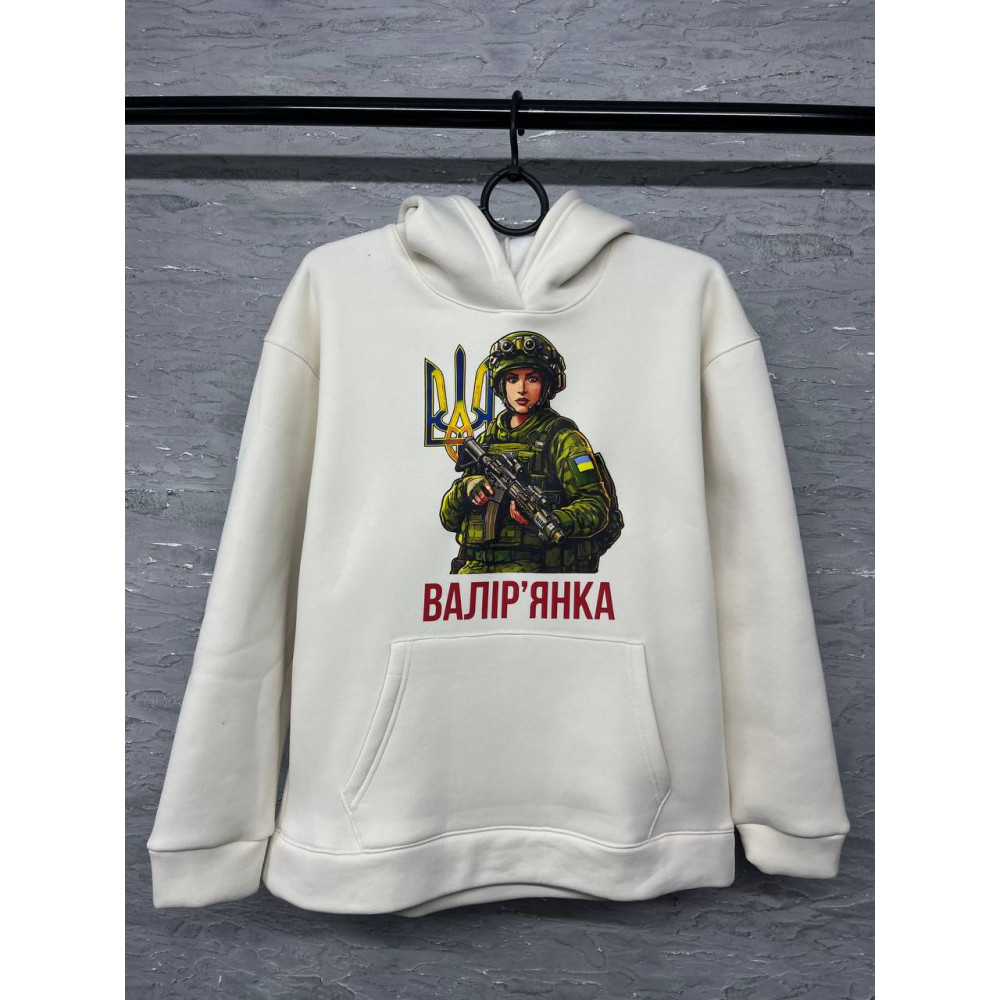 Жіночий теплий худі на флісі з принтом "Валір'янка" Oversize, M/L, білий(1998)
