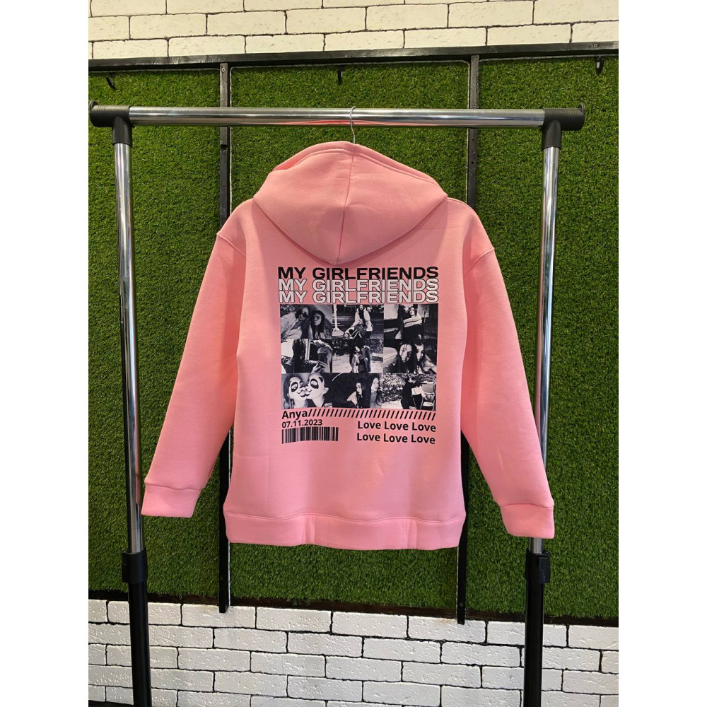 Жіночий теплий худі на флісі з принтом "My Girlfriends" Oversize XS\S, рожевий (2144)