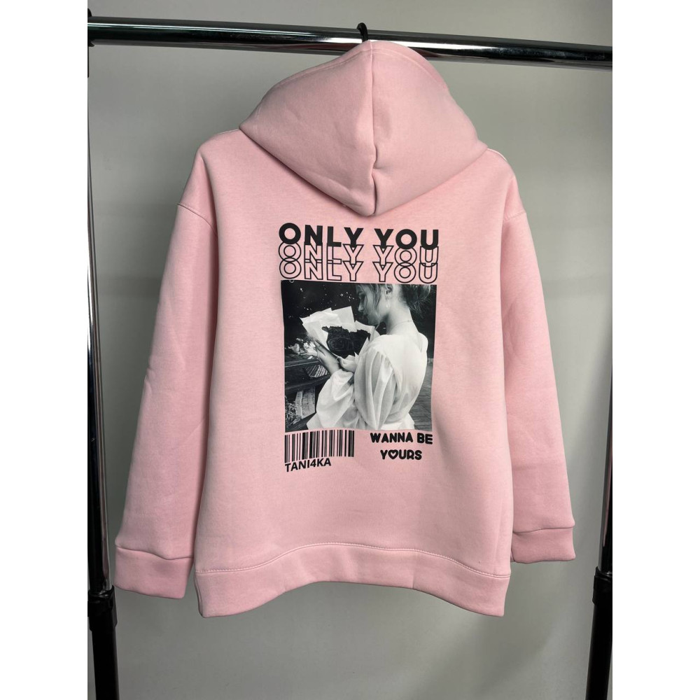 Жіночий теплий худі на флісі з принтом "Only you" Oversize XS\S, рожевий (2296)