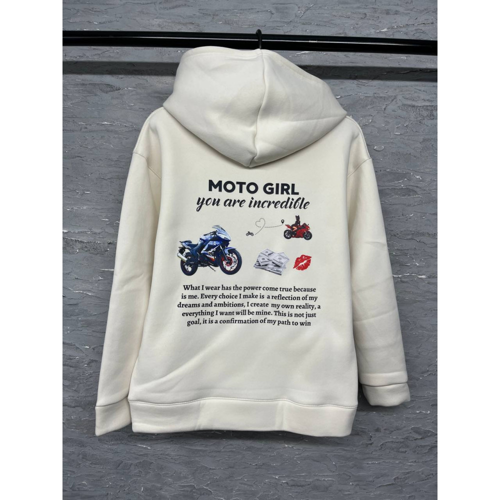 Жіночий теплий худі на флісі з принтом "Moto girl" Oversize, M/L, білий(2299)