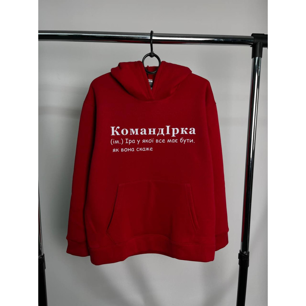 Жіночий теплий худі на флісі з  принтом "КомандІрка" Oversize M\L, червоний (2332)