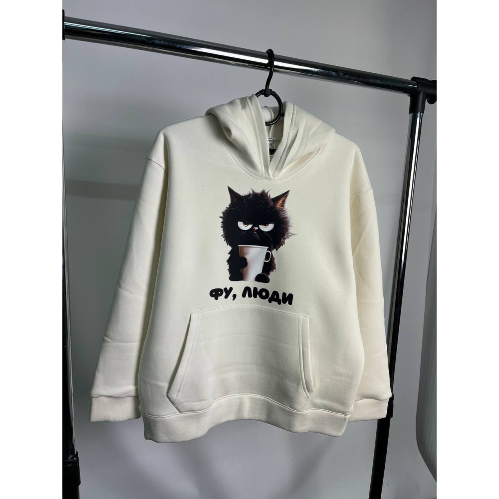 Чоловічий теплий худі на флісі з принтом "Фу, люди" Oversize XL\2XL, Білий (2336)