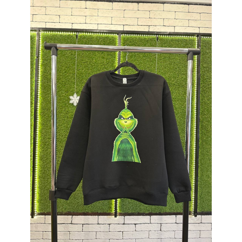 Жіночий теплий світшот на флісі з принтом "Грінч" Oversize, M/L, чорний(2483)