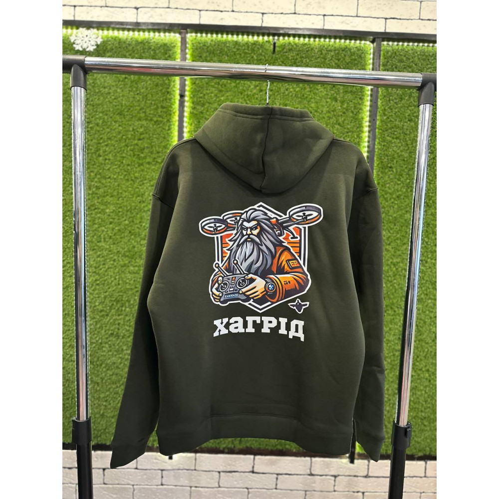 Чоловічий теплий худі на флісі з принтом "Хагрід", Oversize M/L, хакі(2516)