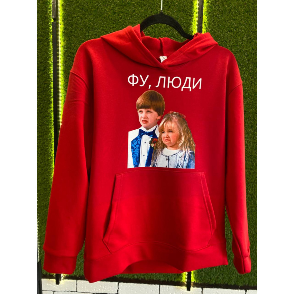 Жіночий теплий худі на флісі з  принтом "Фу, люди" Oversize M\L, червоний (2527)