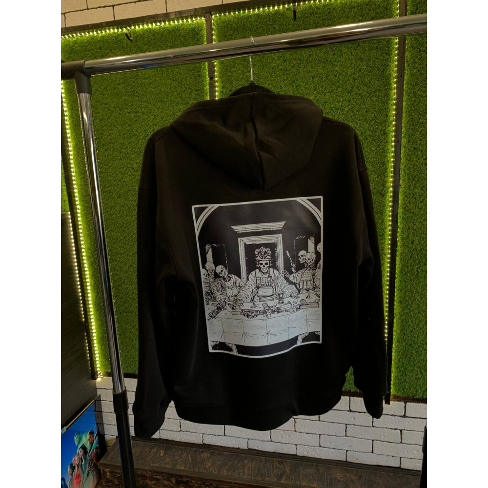 Чоловічий теплий худі на флісі з принтом "Таємна вечеря" Oversize M/L, чорний (2547)
