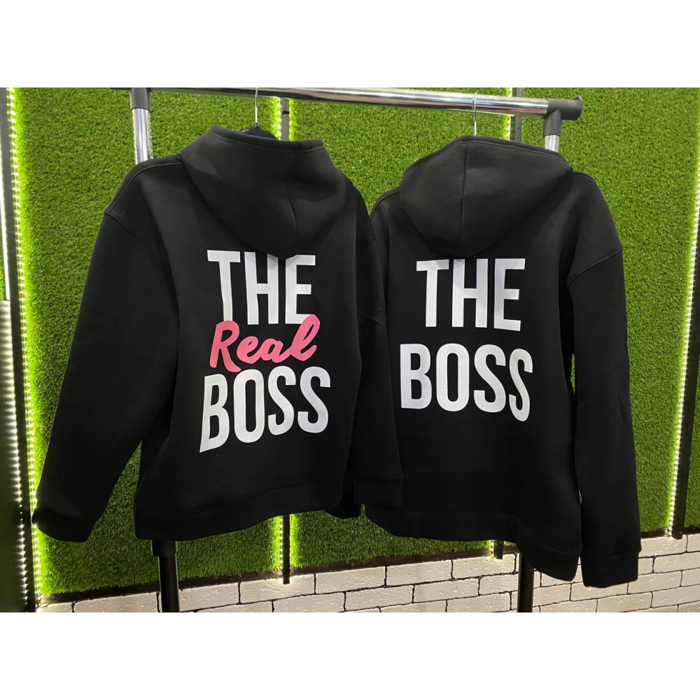 Парные худи с капюшоном утепленные,M/L, M/L, Черный, принт "The Boss\The real Boss" (2703) Парные худи с капюшоном утепленные,M/L, M/L, Черный, принт "The Boss\The real Boss" (2703)